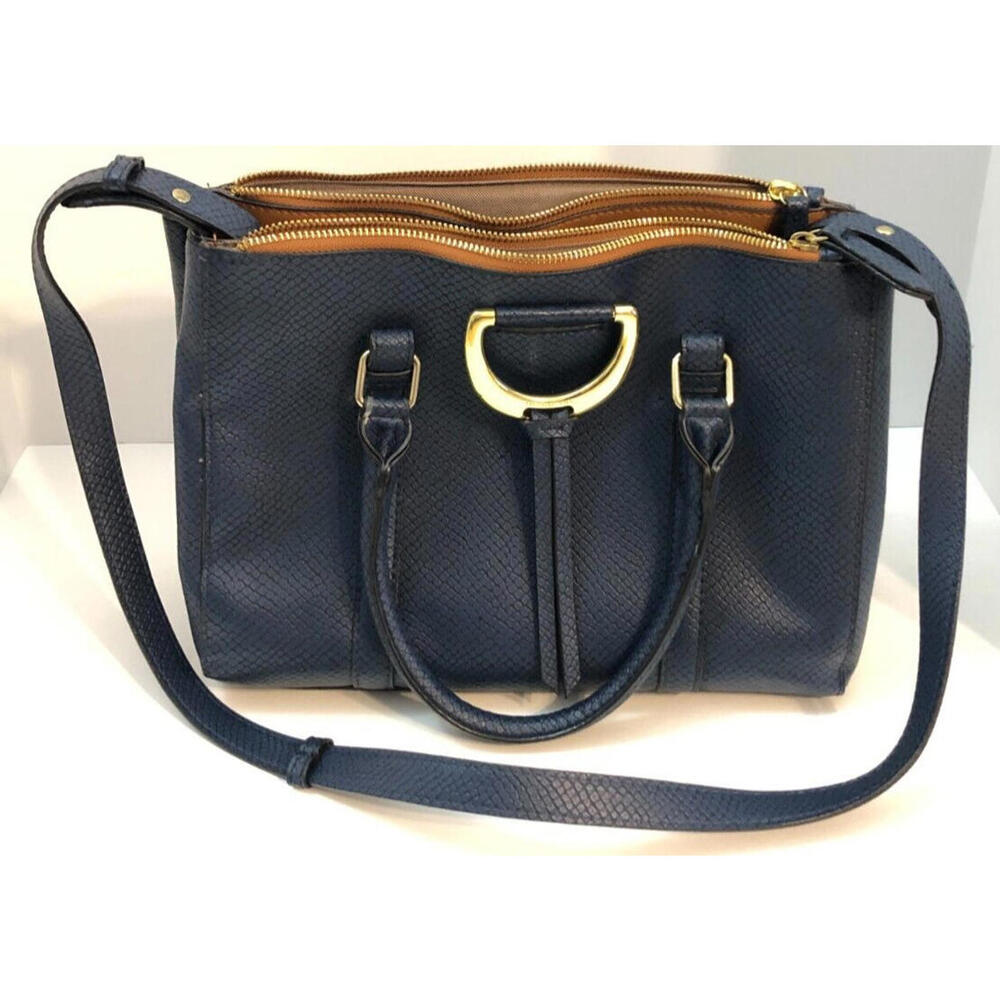 London Fog Hutton Triple Compartment Cadet Snake Navy Blue Satchel